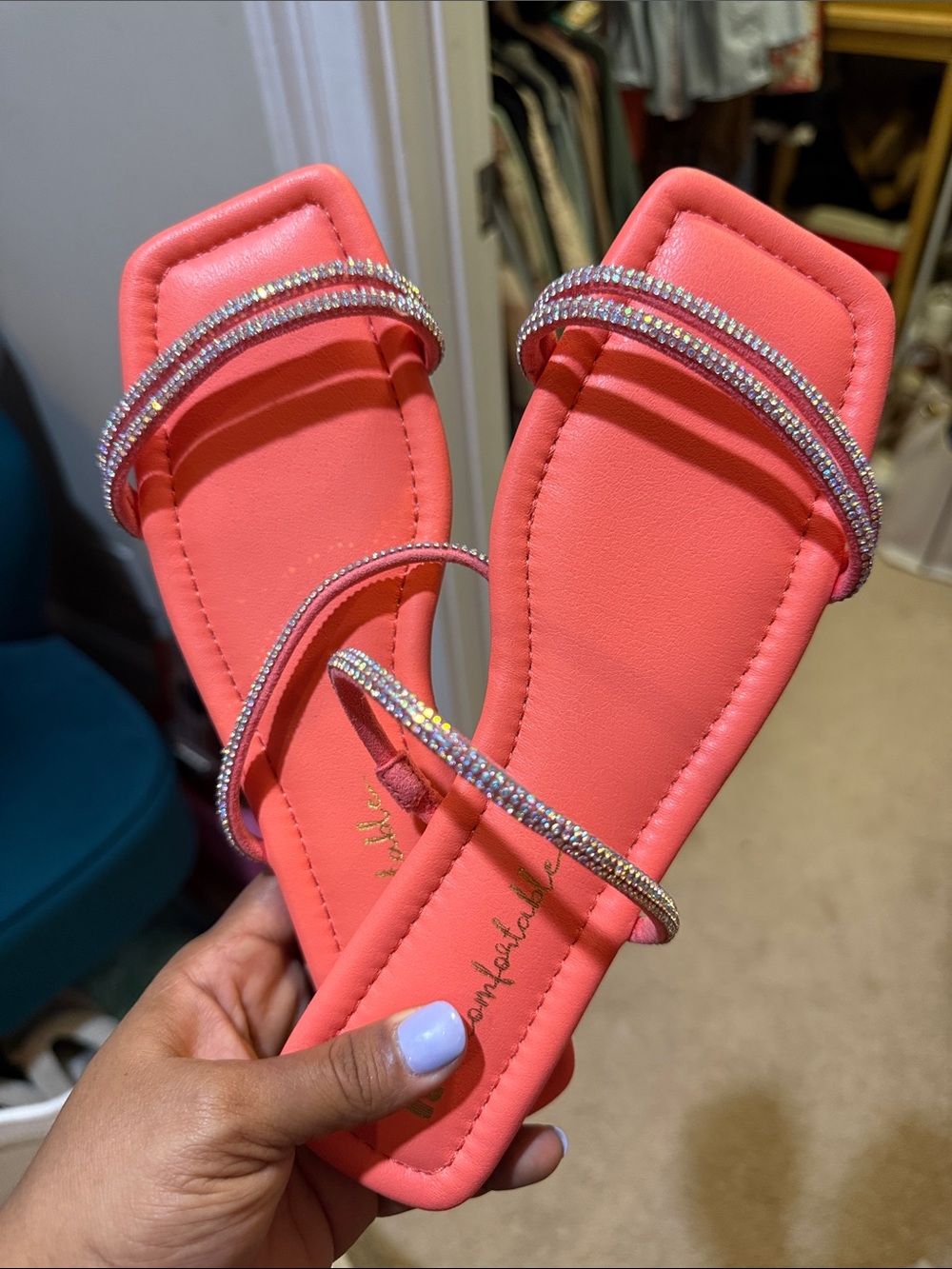 Coral Rhinestone Strappy Flat Sandals - Women